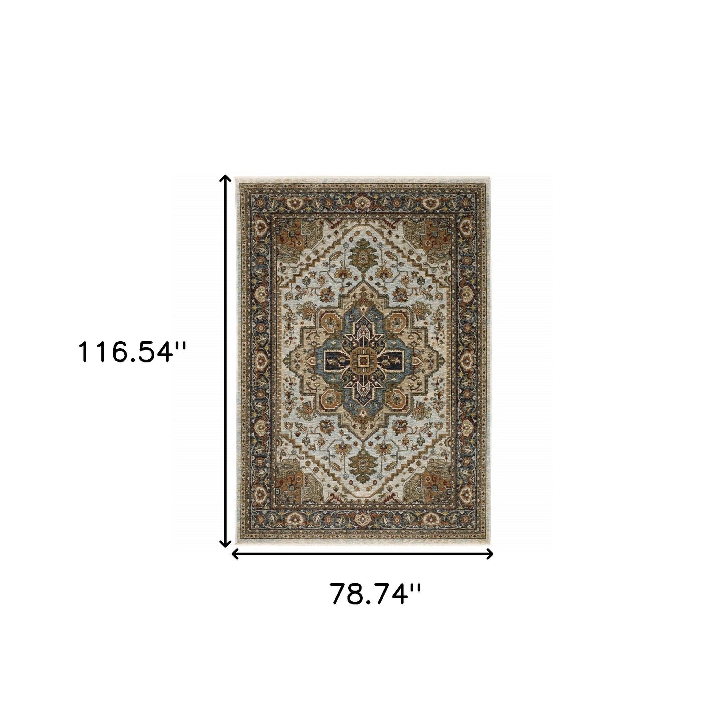 6' X 9' Ivory Beige Blue Orange Gold Green Grey And Rust Oriental Power Loom Stain Resistant Area Rug With Fringe