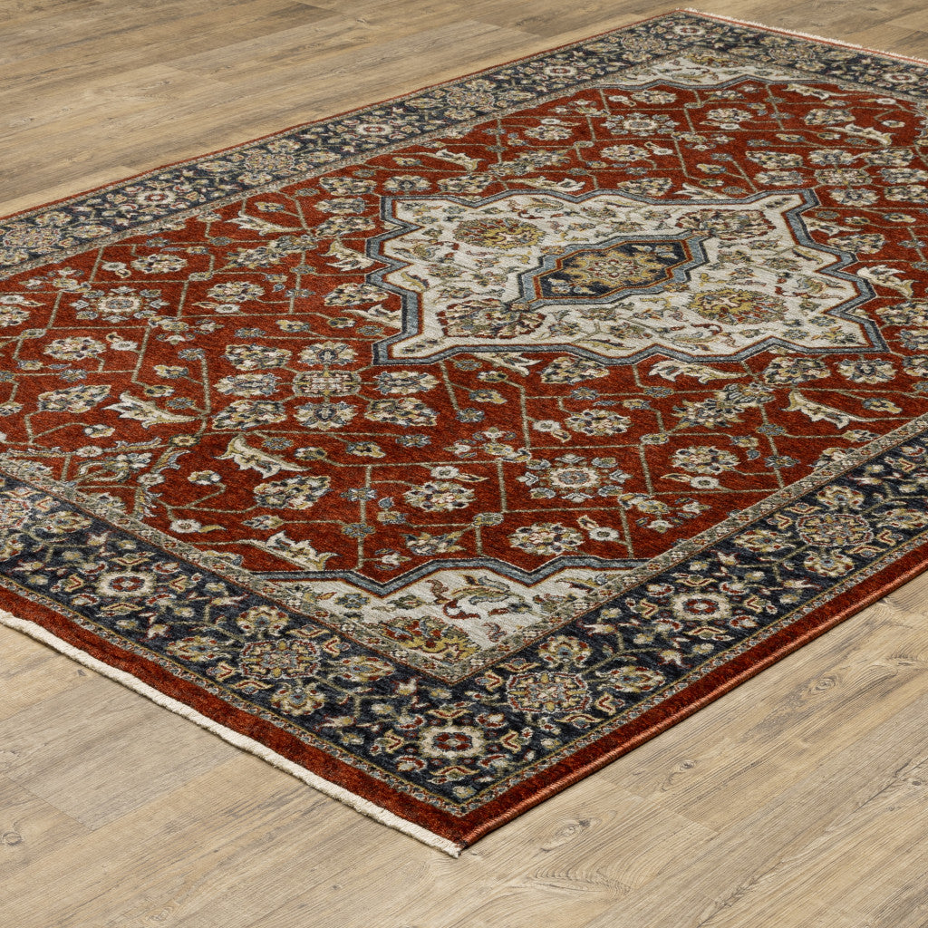 Blue And Red Oriental Power Loom Area Rug With Fringe