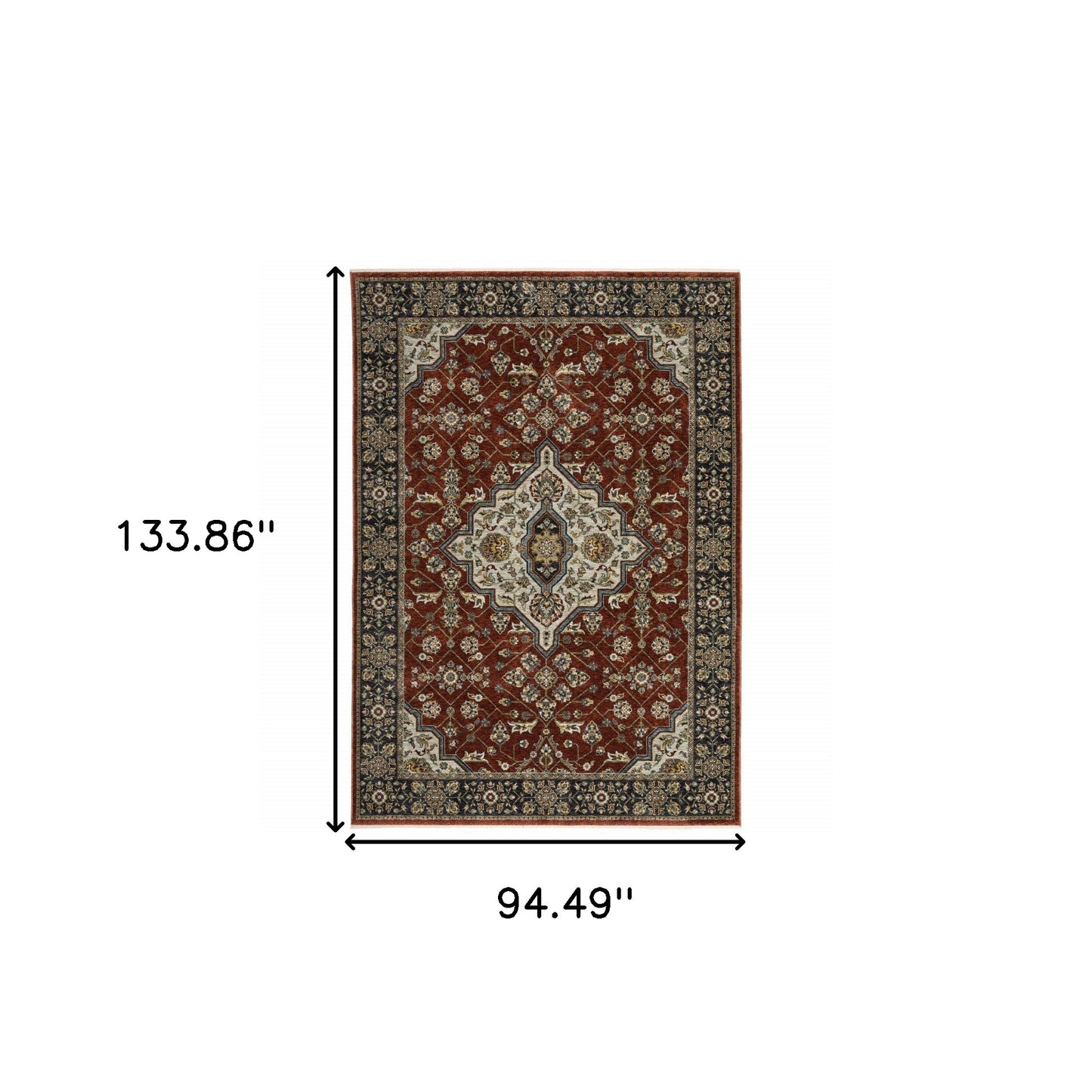 8' X 11' Red Ivory Blue Navy Gold And Grey Oriental Power Loom Stain Resistant Area Rug With Fringe