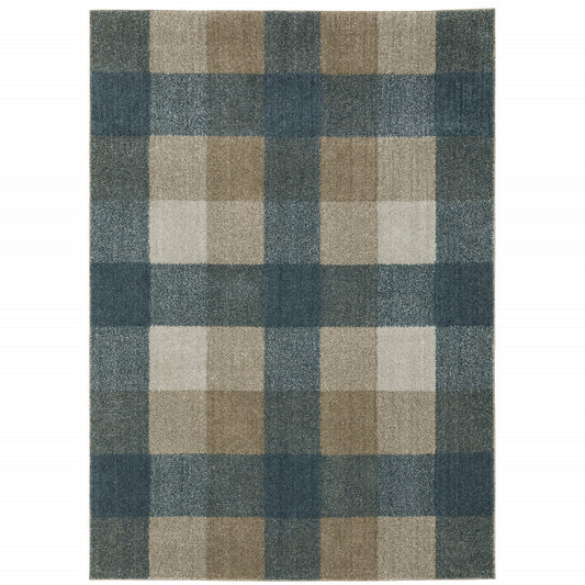 3' X 5' Teal Grey Tan And Beige Geometric Power Loom Stain Resistant Area Rug