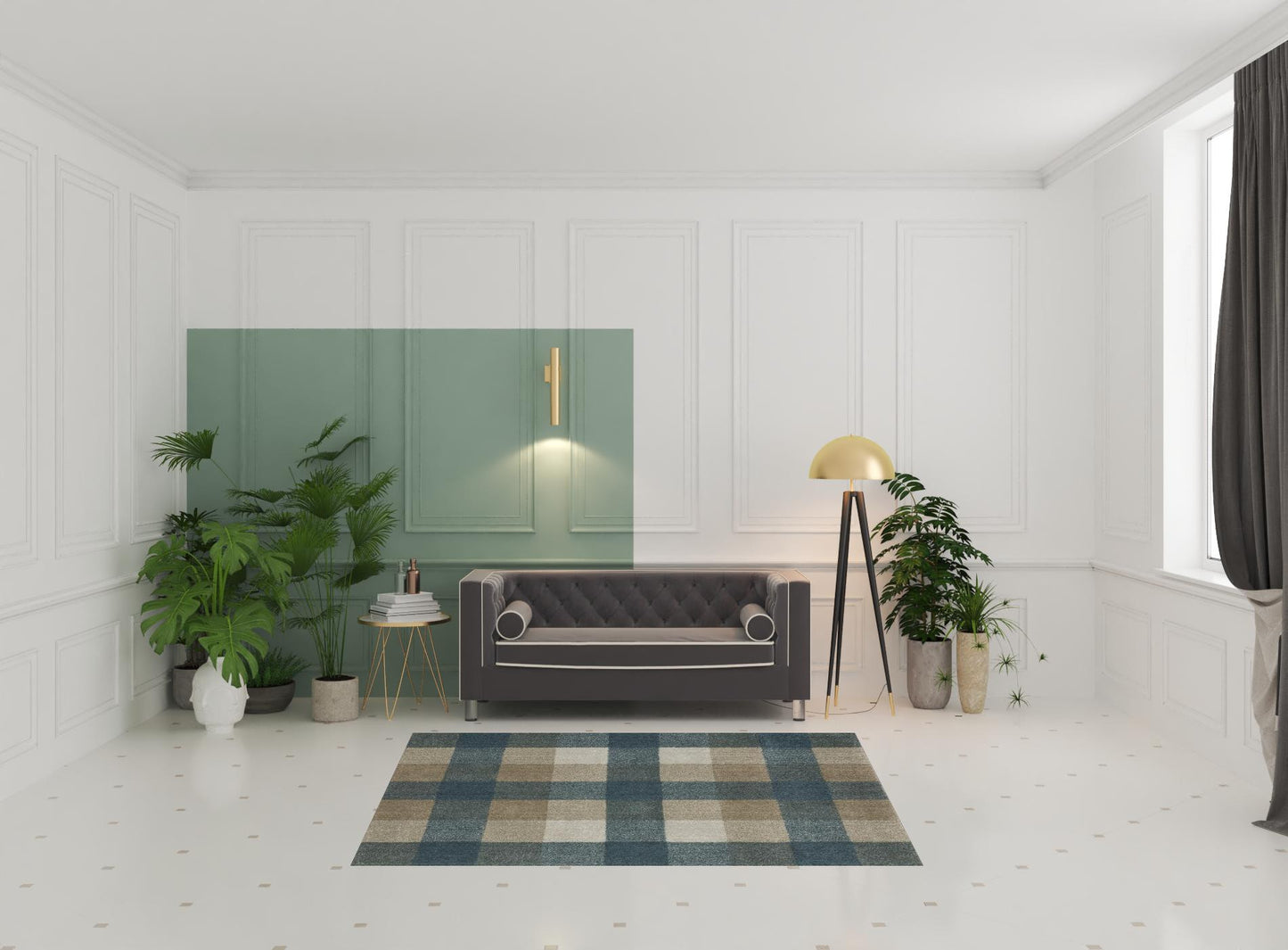 5' X 8' Teal Grey Tan And Beige Geometric Power Loom Stain Resistant Area Rug