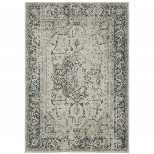 8' X 11' Grey Blue And Teal Oriental Power Loom Stain Resistant Area Rug