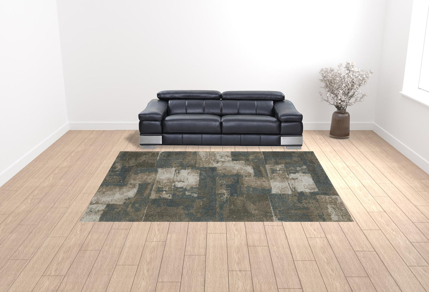 10' X 13' Teal Blue Grey Tan And Beige Geometric Power Loom Stain Resistant Area Rug