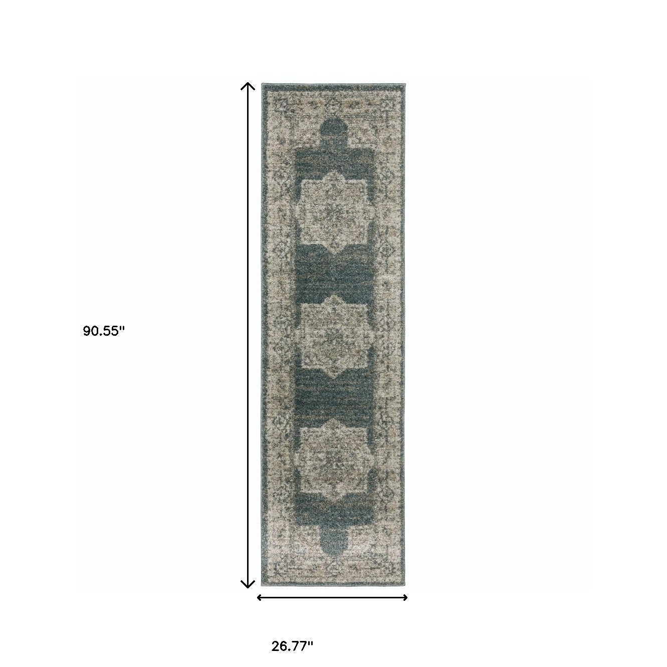 2' X 8' Blue And Beige Oriental Power Loom Stain Resistant Runner Rug