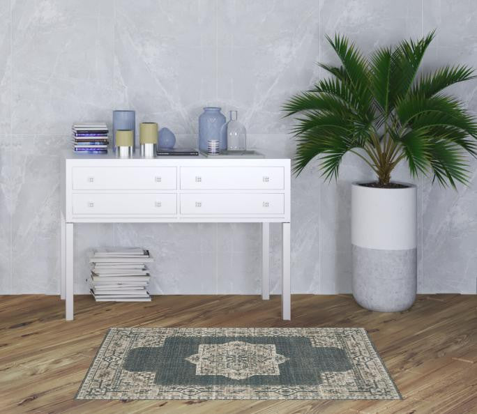 3' X 5' Blue And Beige Oriental Power Loom Stain Resistant Area Rug