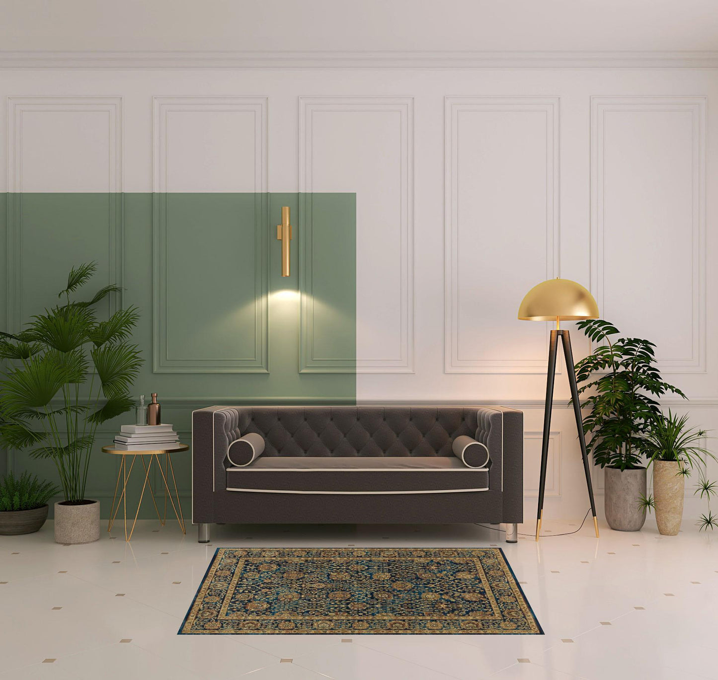 4' X 6' Blue And Gold Oriental Power Loom Stain Resistant Area Rug