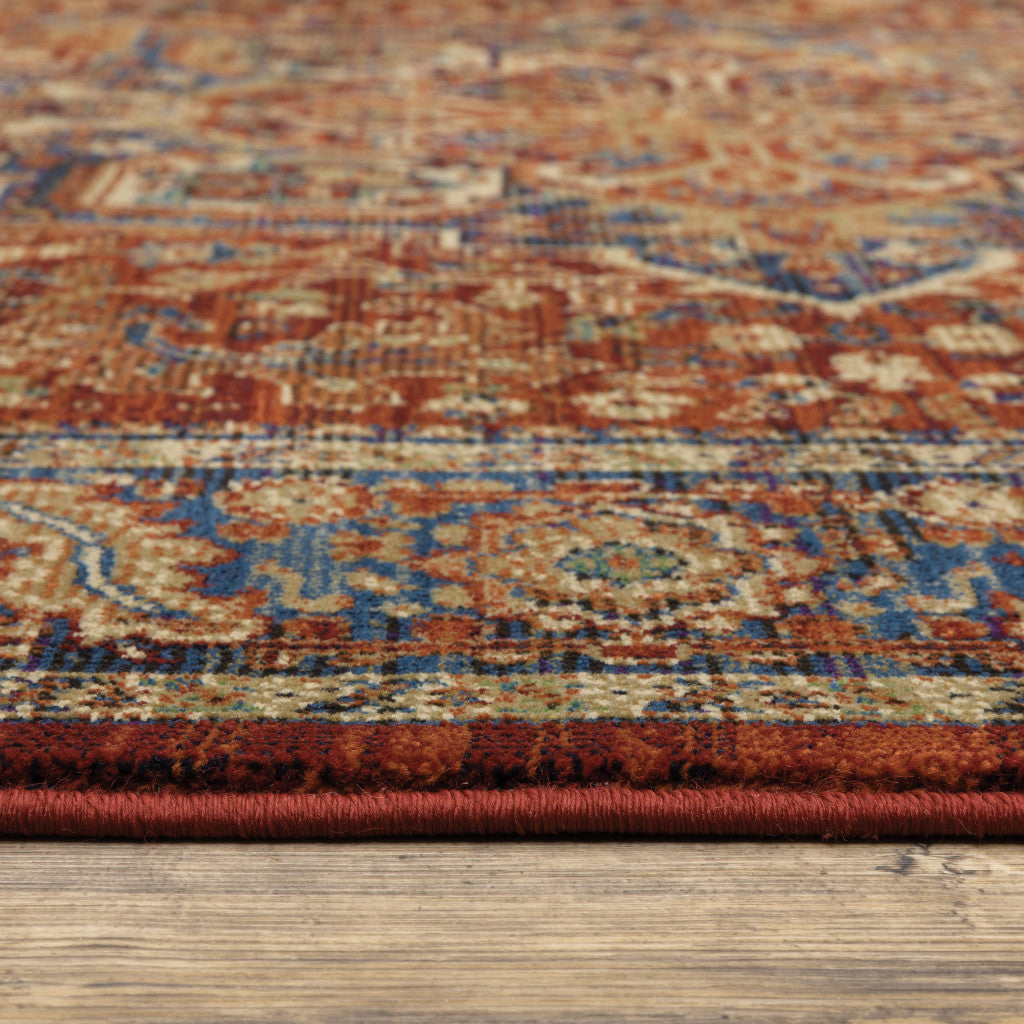 5' X 8' Red And Blue Oriental Power Loom Stain Resistant Area Rug