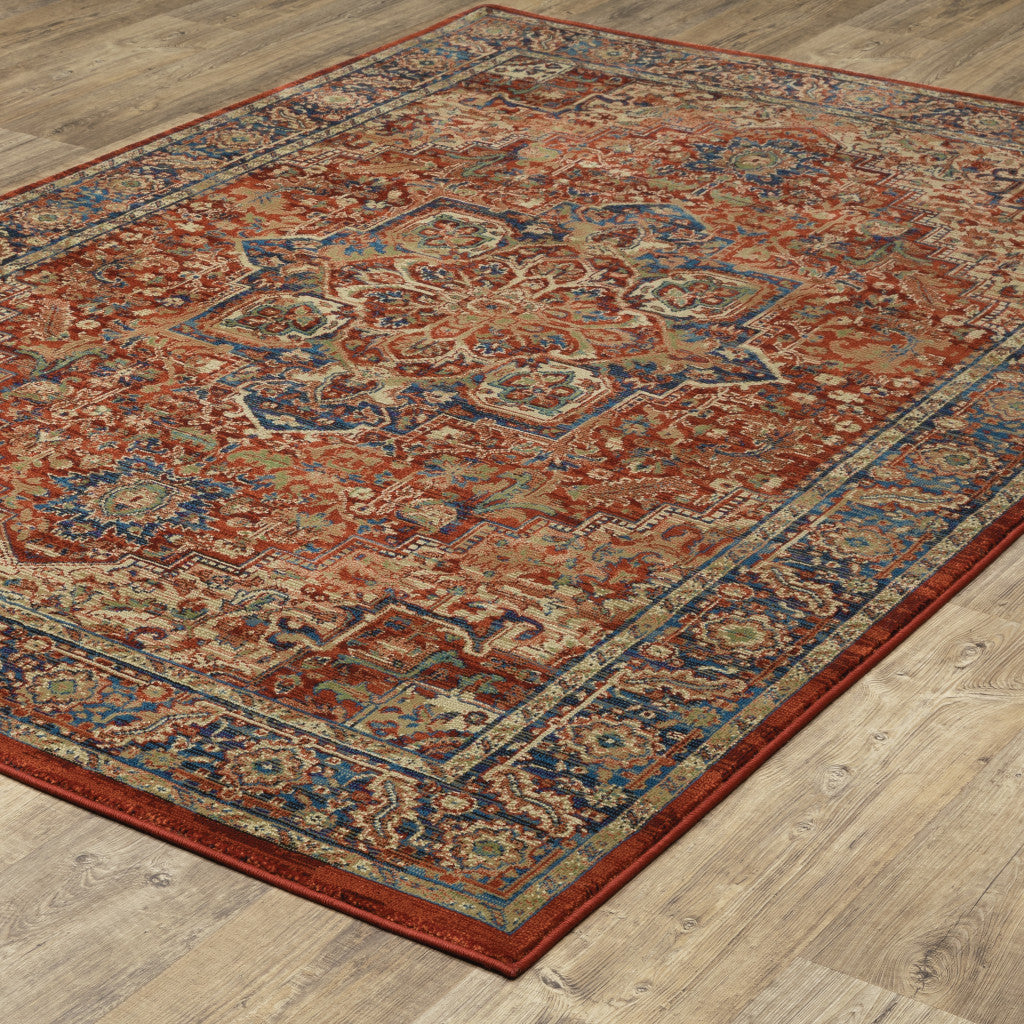 5' X 8' Red And Blue Oriental Power Loom Stain Resistant Area Rug