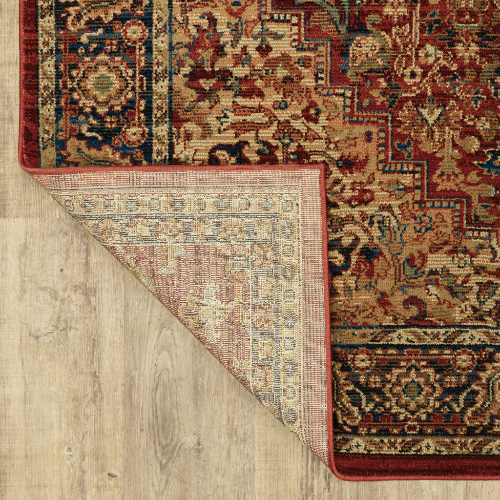 5' X 8' Red And Blue Oriental Power Loom Stain Resistant Area Rug