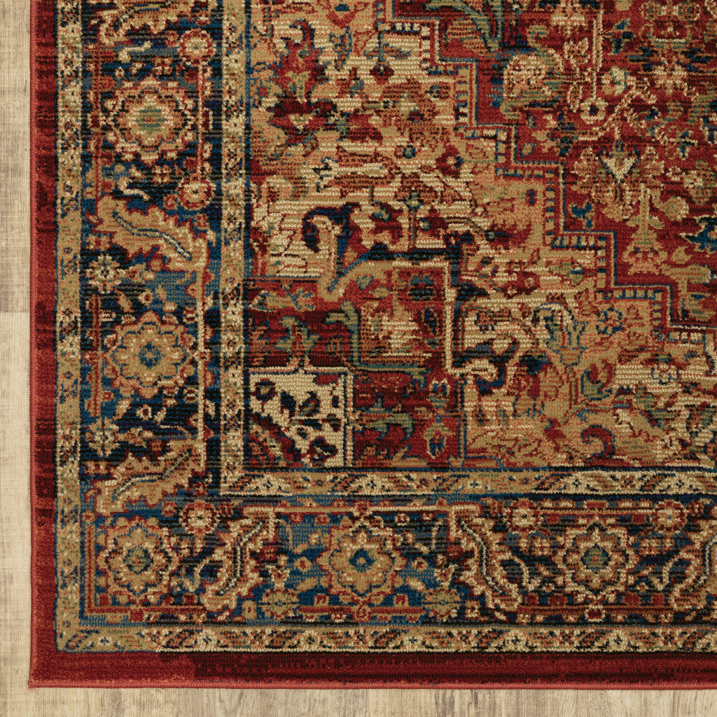5' X 8' Red And Blue Oriental Power Loom Stain Resistant Area Rug