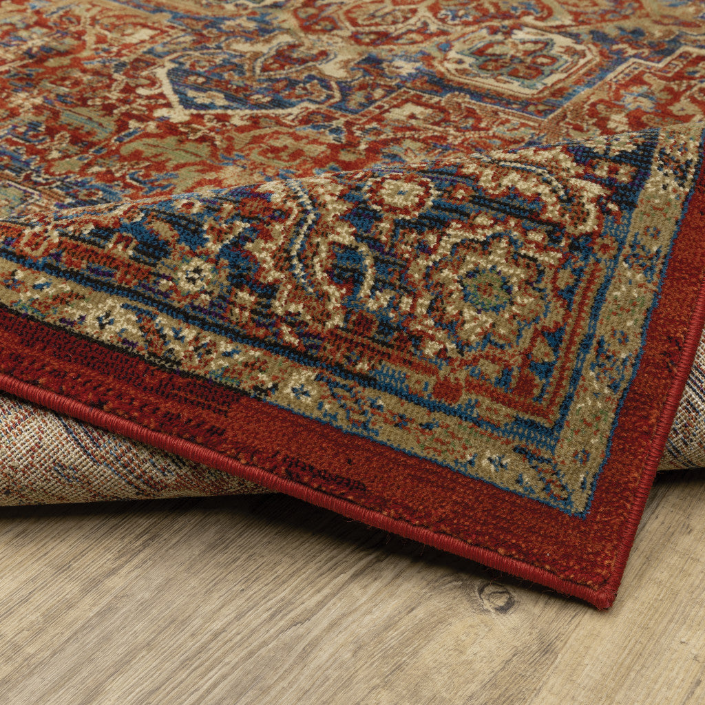 5' X 8' Red And Blue Oriental Power Loom Stain Resistant Area Rug
