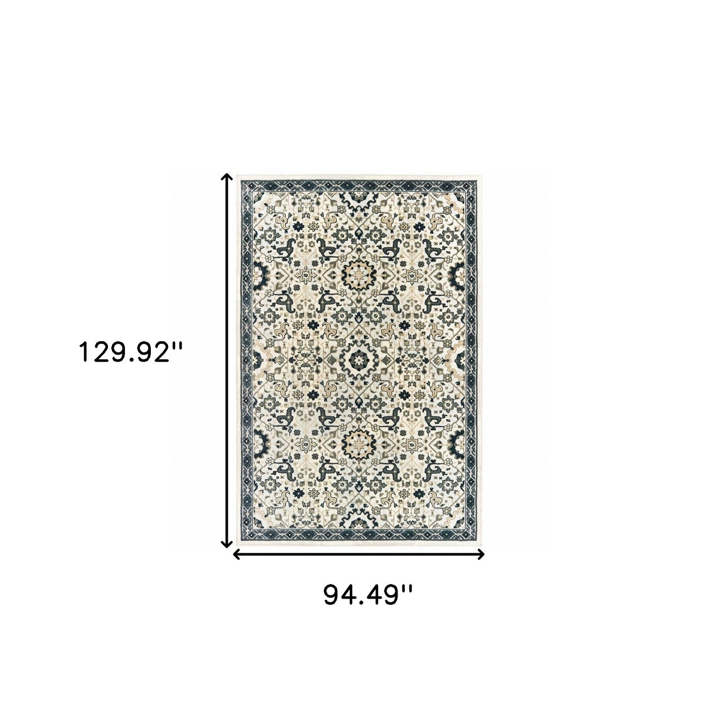 8' X 11' Ivory Navy And Gold Oriental Power Loom Stain Resistant Area Rug