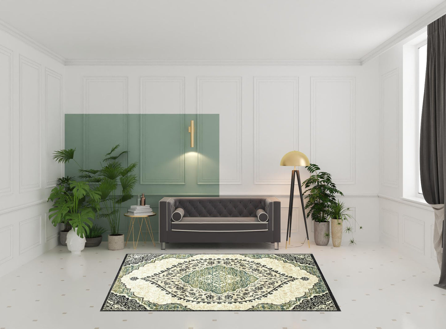 6' X 9' Ivory Navy And Green Oriental Power Loom Stain Resistant Area Rug