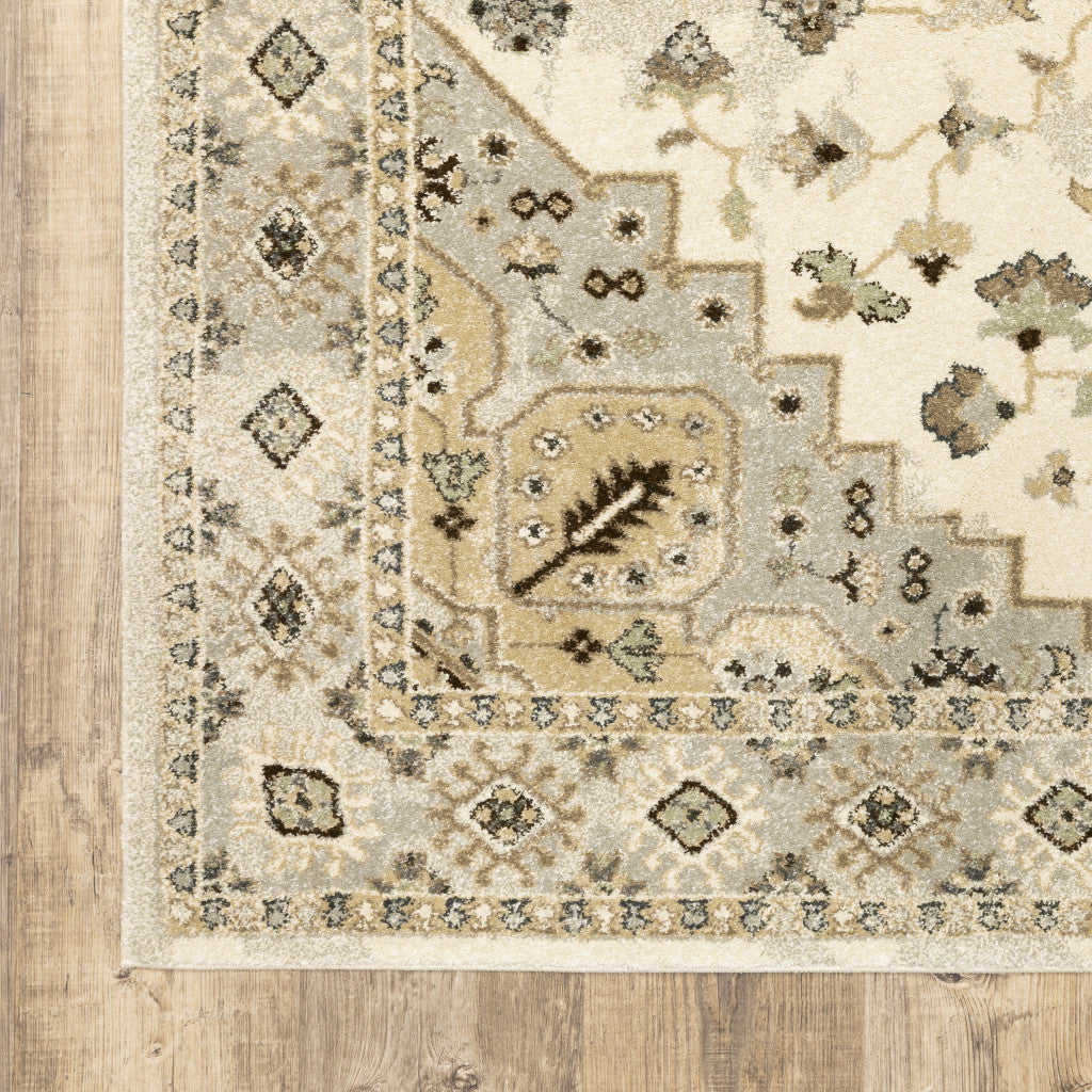 10' X 13' Beige Grey Tan And Brown Oriental Power Loom Stain Resistant Area Rug
