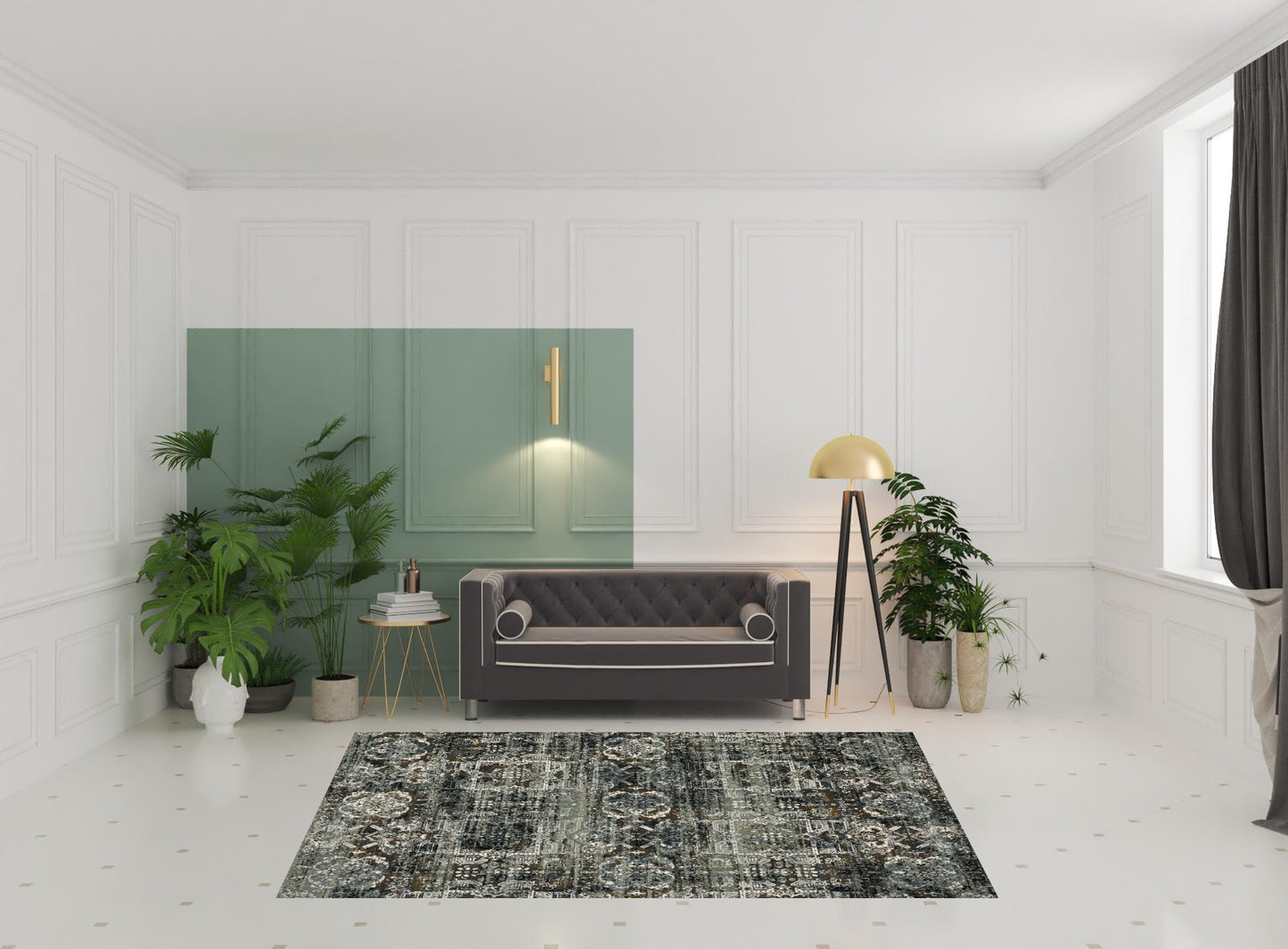 6' X 9' Ivory Charcoal Grey Blue Rust Gold And Brown Oriental Power Loom Stain Resistant Area Rug