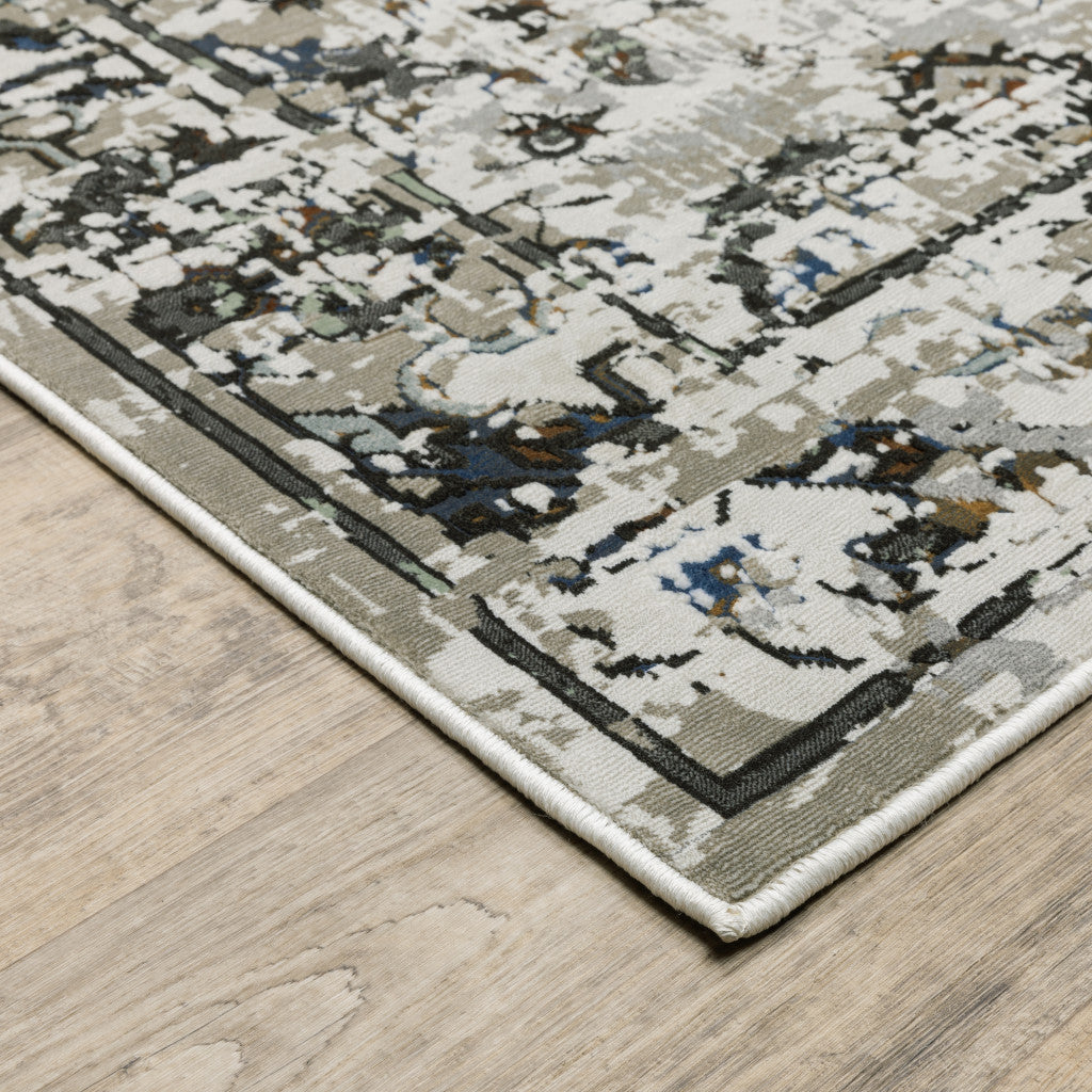 5' X 8' Ivory Charcoal Grey Blue Rust Gold And Brown Oriental Power Loom Stain Resistant Area Rug