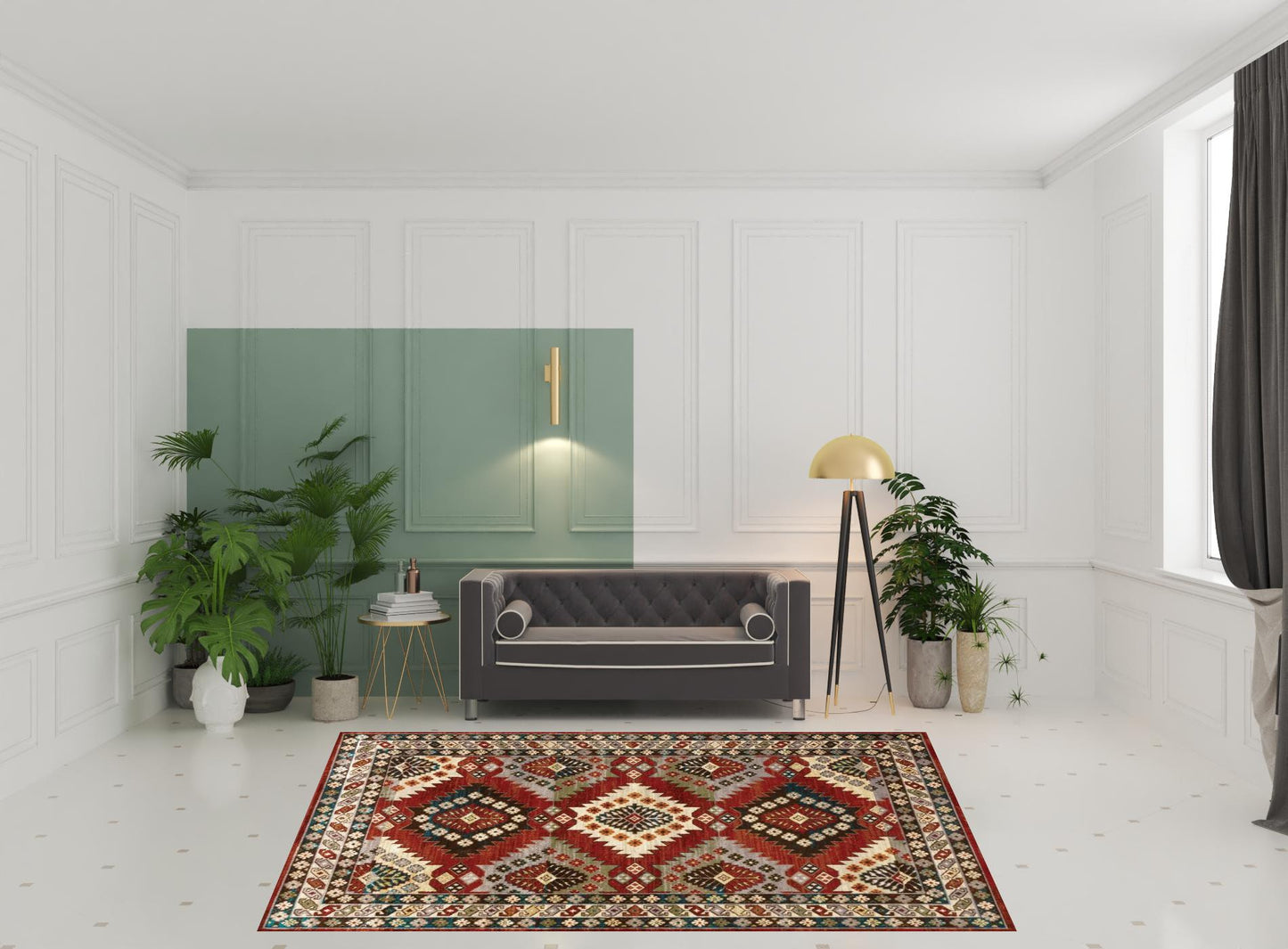 8' X 10' Red Deep Teal Ivory Grey And Green Southwestern Power Loom Stain Resistant Area Rug