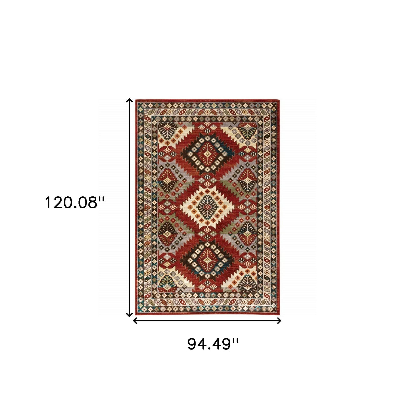 8' X 10' Red Deep Teal Ivory Grey And Green Southwestern Power Loom Stain Resistant Area Rug
