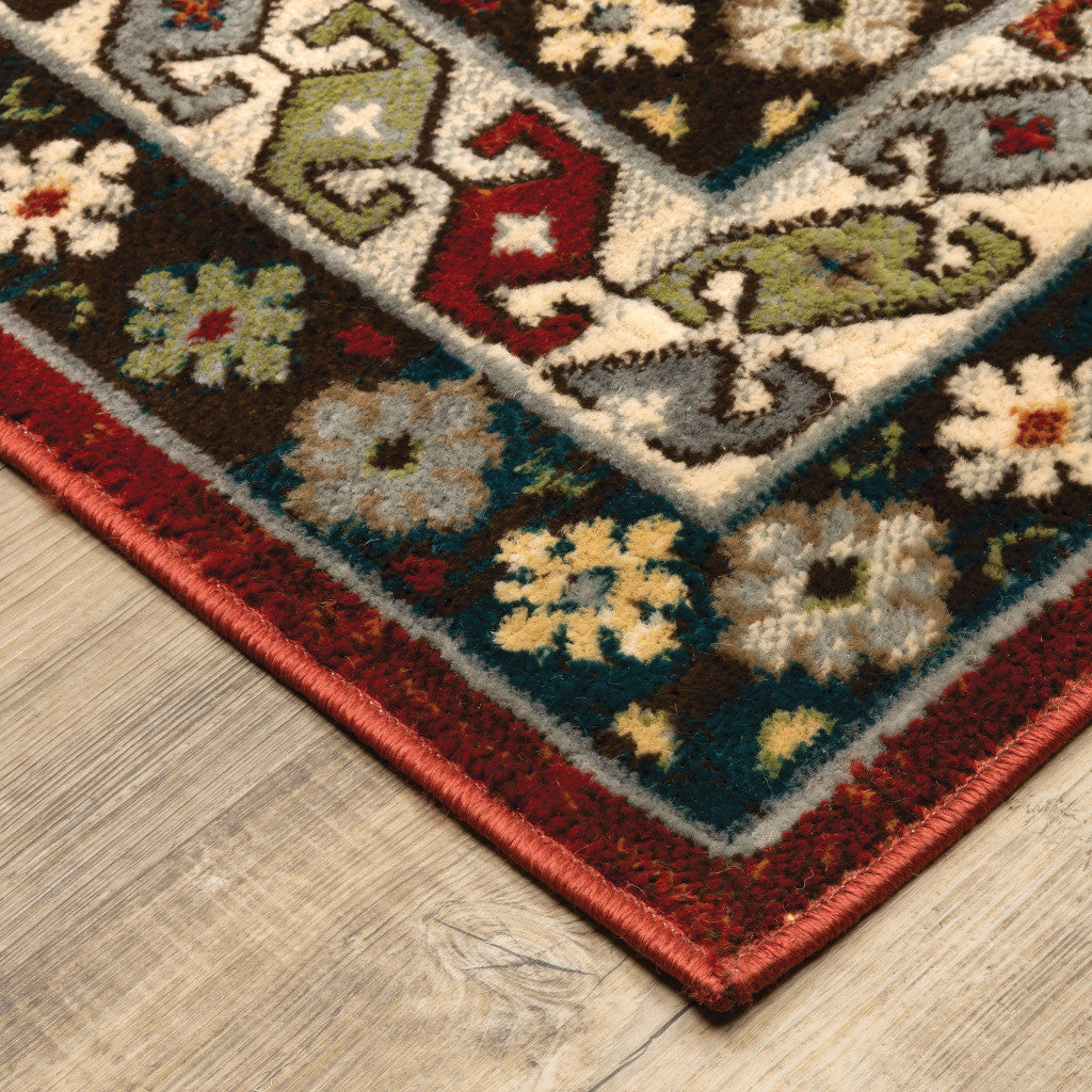8' X 10' Red Deep Teal Ivory Grey And Green Southwestern Power Loom Stain Resistant Area Rug