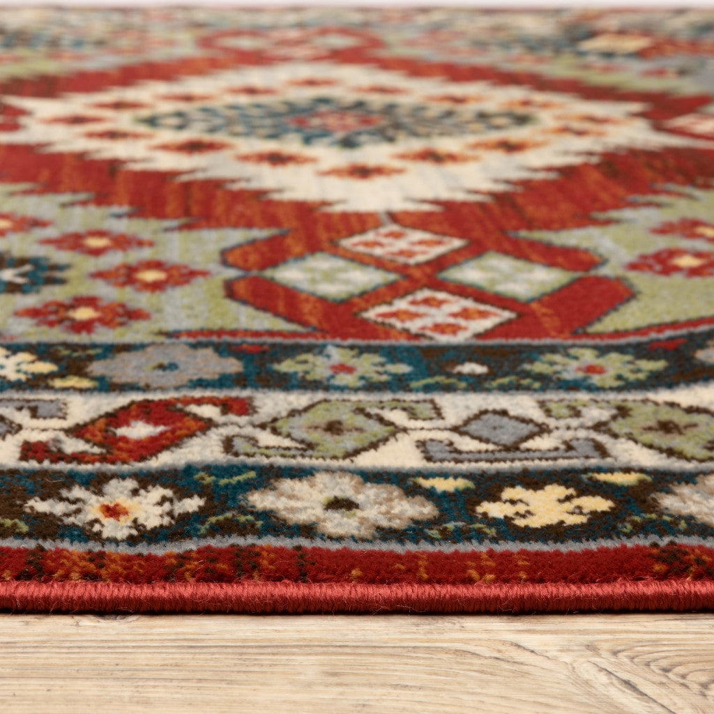 8' X 10' Red Deep Teal Ivory Grey And Green Southwestern Power Loom Stain Resistant Area Rug