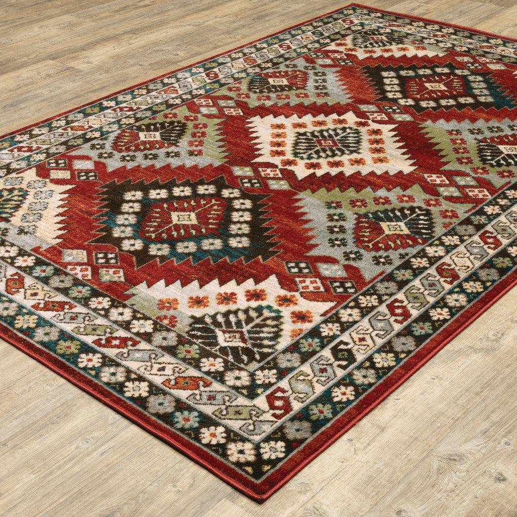 8' X 10' Red Deep Teal Ivory Grey And Green Southwestern Power Loom Stain Resistant Area Rug