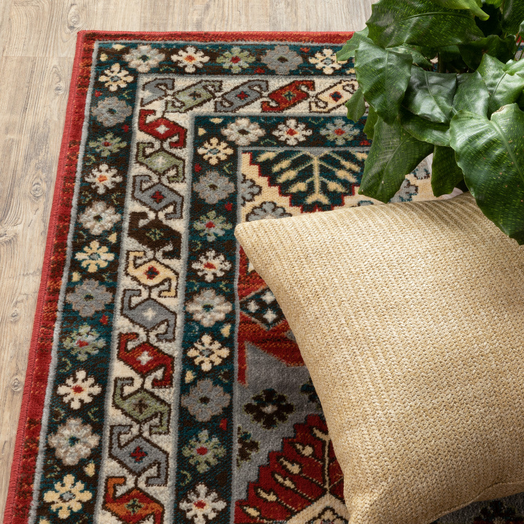 8' X 10' Red Deep Teal Ivory Grey And Green Southwestern Power Loom Stain Resistant Area Rug