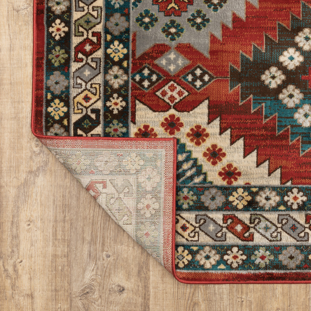 8' X 10' Red Deep Teal Ivory Grey And Green Southwestern Power Loom Stain Resistant Area Rug