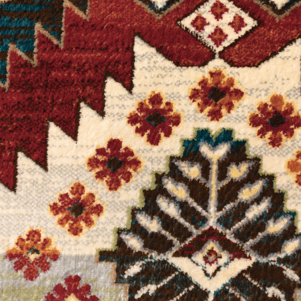 8' X 10' Red Deep Teal Ivory Grey And Green Southwestern Power Loom Stain Resistant Area Rug