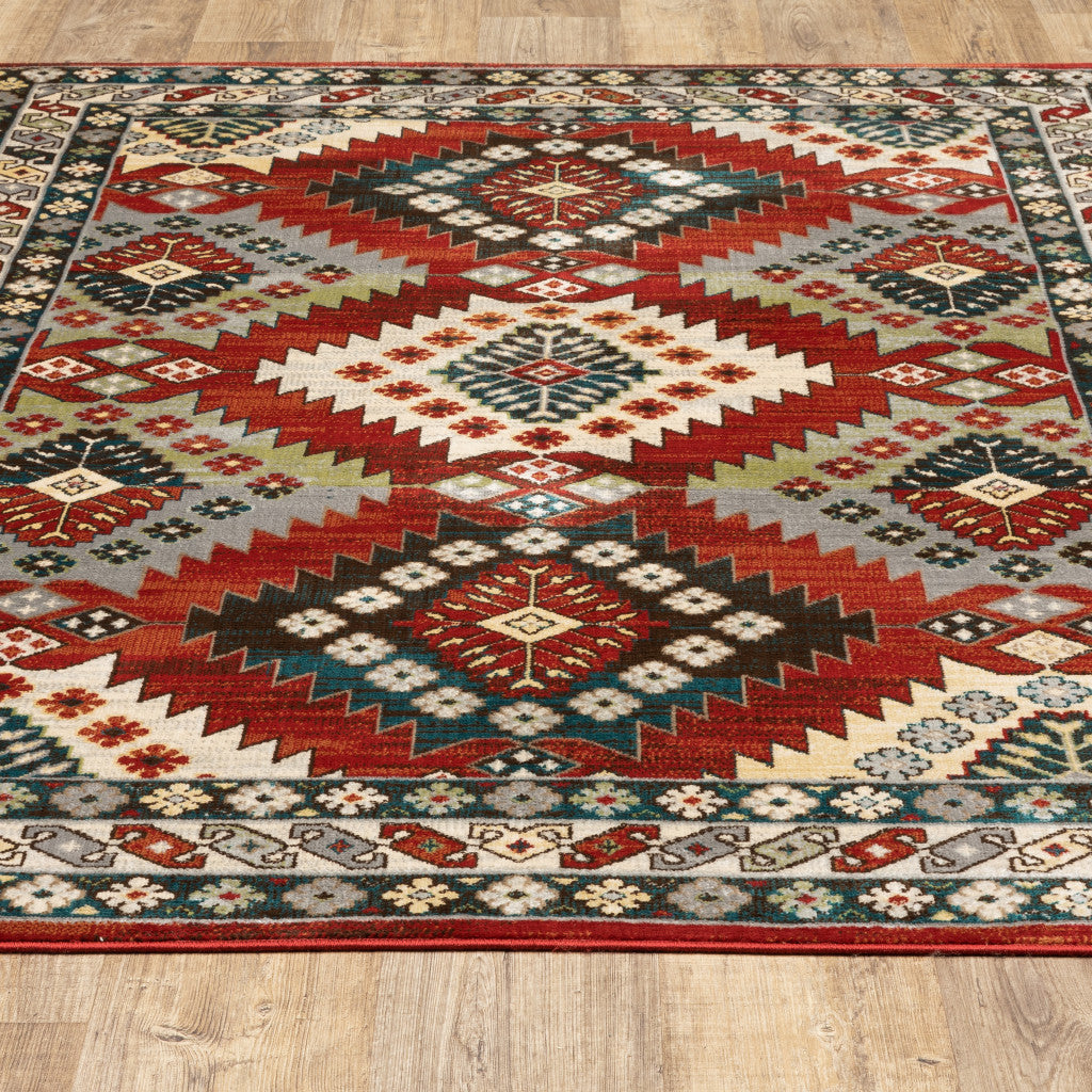 8' X 10' Red Deep Teal Ivory Grey And Green Southwestern Power Loom Stain Resistant Area Rug
