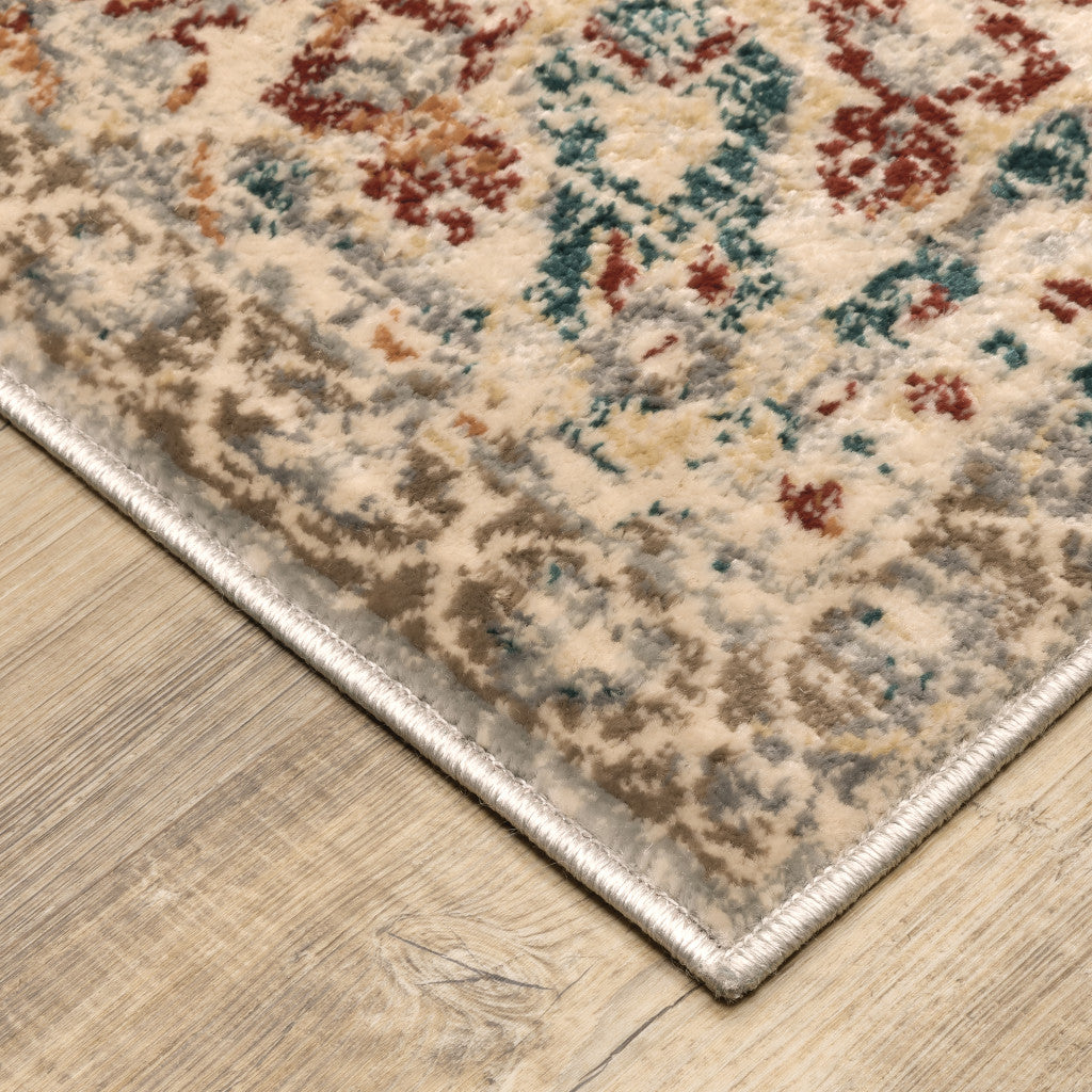 2' X 8' Grey Rust Deep Teal Beige And Orange Oriental Power Loom Stain Resistant Runner Rug