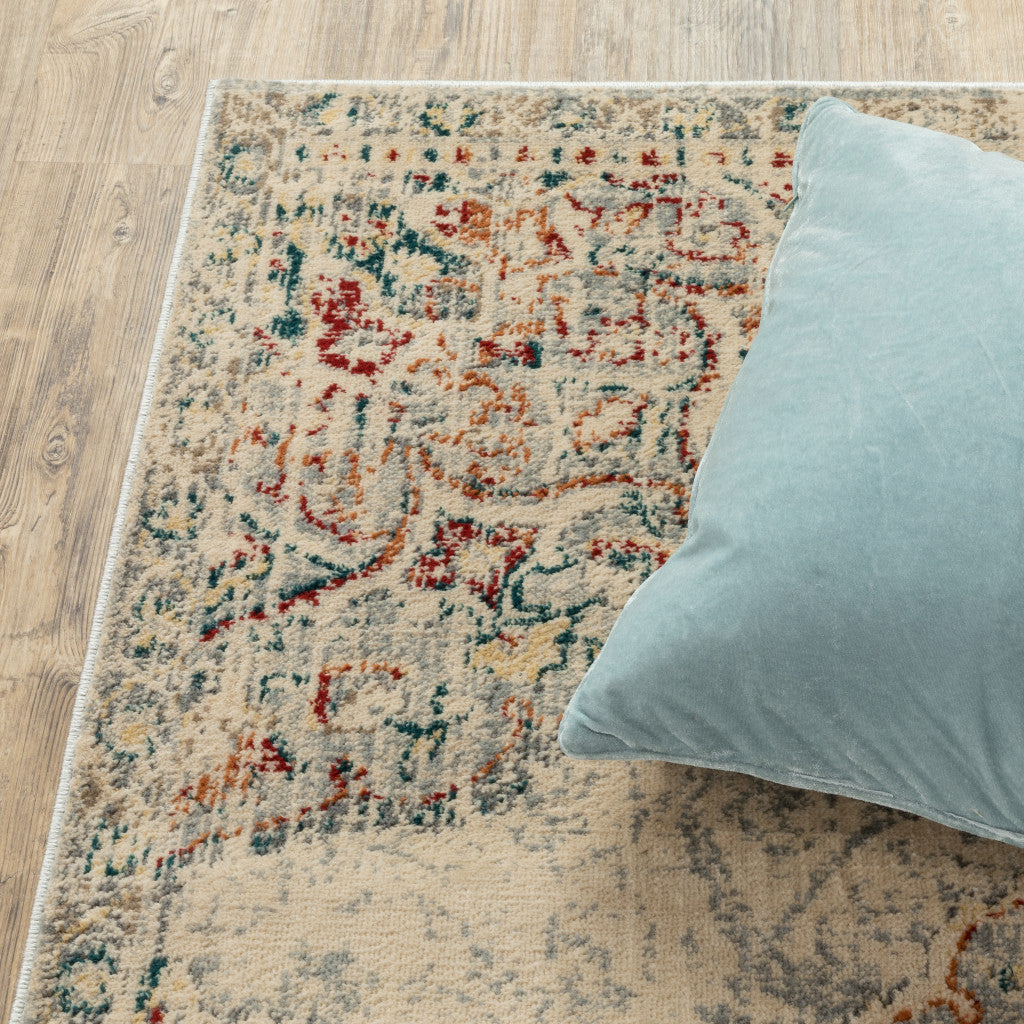 2' X 8' Grey Rust Deep Teal Beige And Orange Oriental Power Loom Stain Resistant Runner Rug