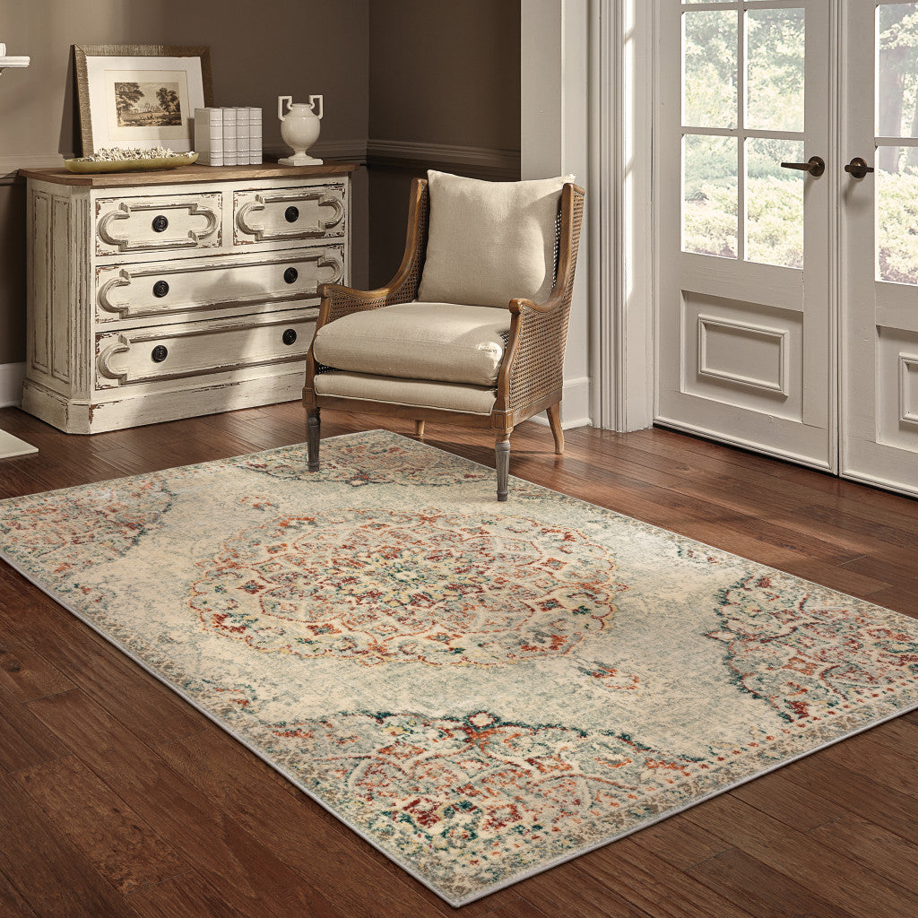 6' X 9' Grey Rust Deep Teal Beige And Orange Oriental Power Loom Stain Resistant Area Rug
