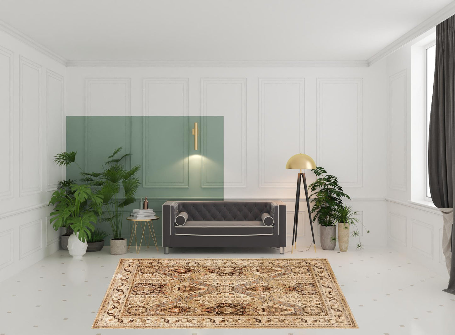 8' X 10' Beige Grey Dolphin Blue Deep Teal Gold And Orange Oriental Power Loom Stain Resistant Area Rug
