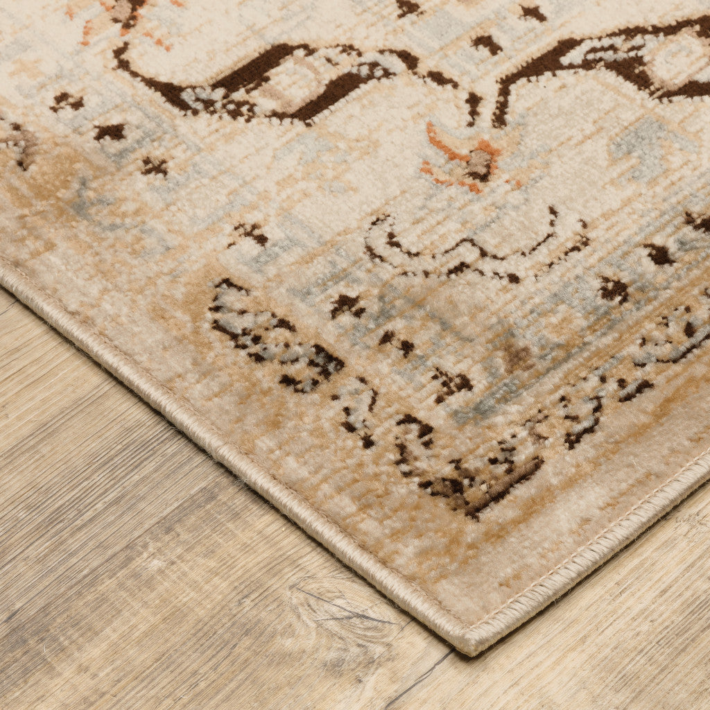 8' X 10' Beige Grey Dolphin Blue Deep Teal Gold And Orange Oriental Power Loom Stain Resistant Area Rug