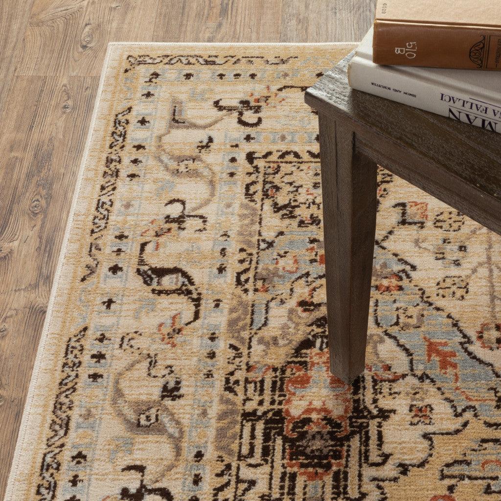 8' X 10' Beige Grey Dolphin Blue Deep Teal Gold And Orange Oriental Power Loom Stain Resistant Area Rug