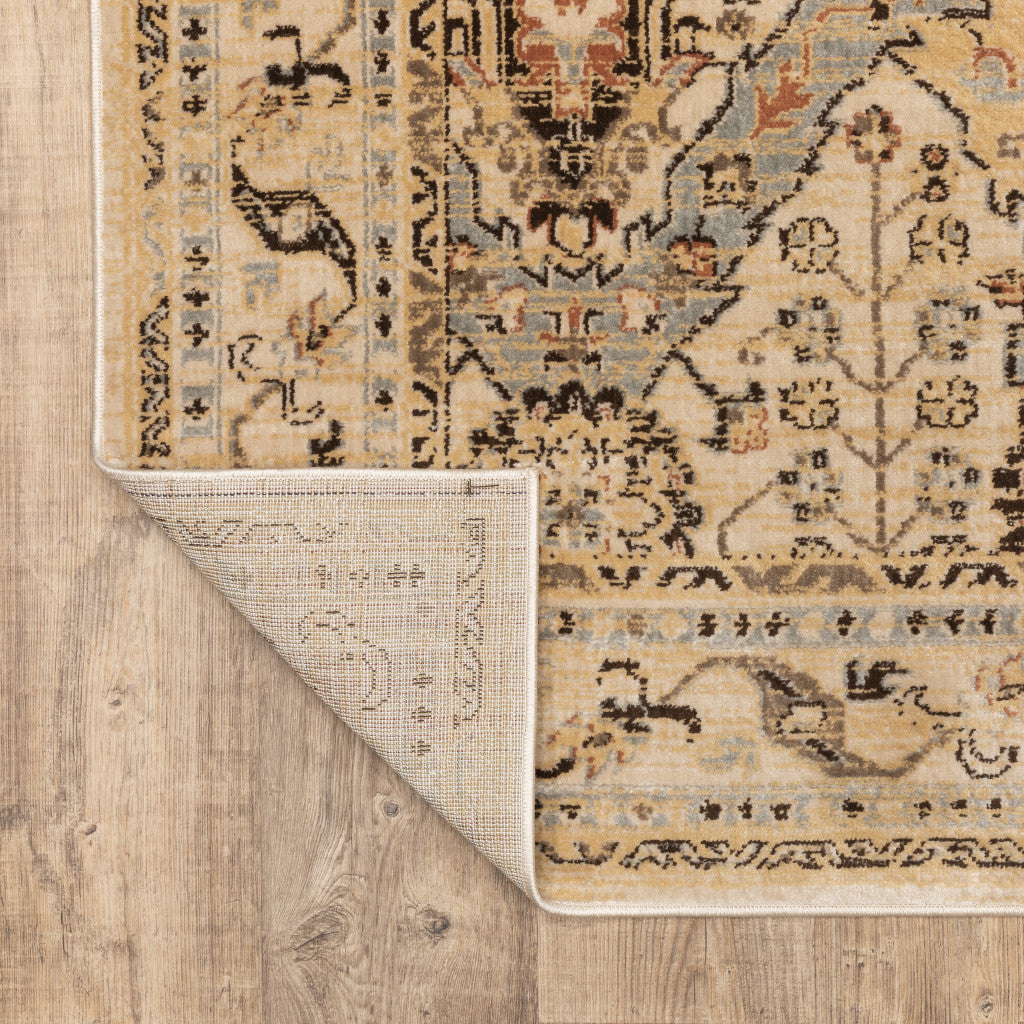 8' X 10' Beige Grey Dolphin Blue Deep Teal Gold And Orange Oriental Power Loom Stain Resistant Area Rug