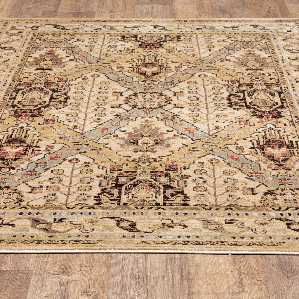 8' X 10' Beige Grey Dolphin Blue Deep Teal Gold And Orange Oriental Power Loom Stain Resistant Area Rug