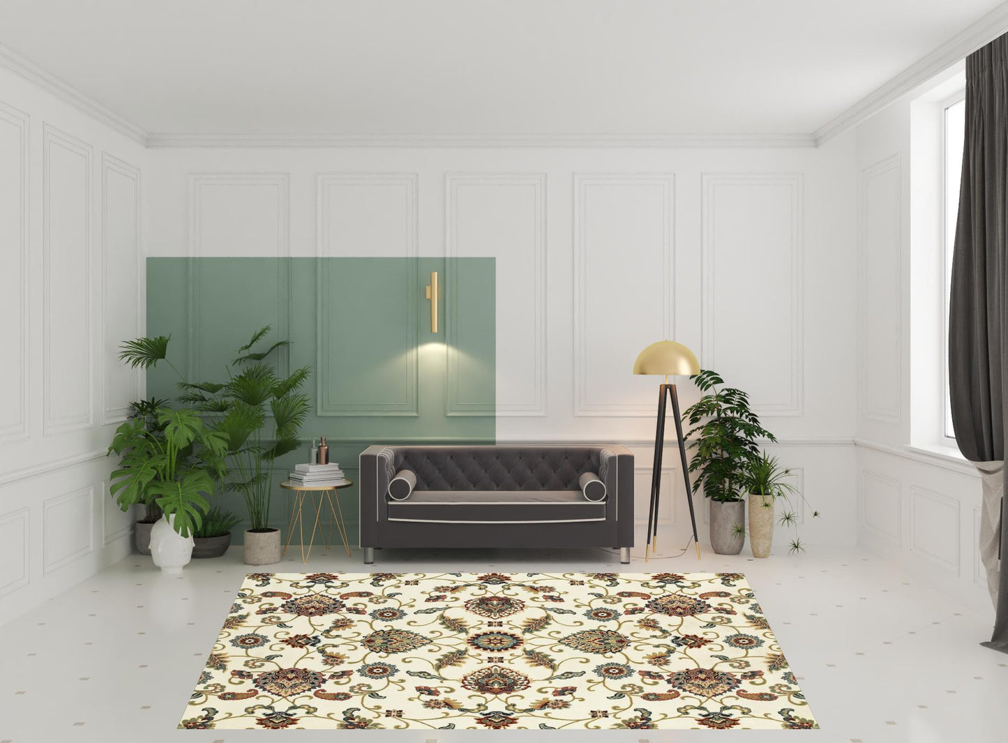 8' X 11' Ivory Green Blue Red Salmon And Yellow Floral Power Loom Stain Resistant Area Rug