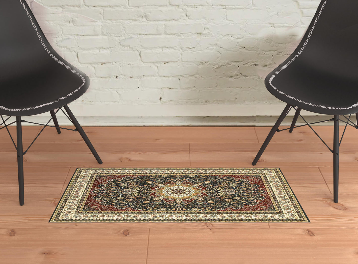 2' X 4' Navy And Ivory Oriental Power Loom Stain Resistant Area Rug