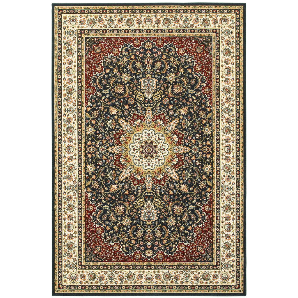10' X 13' Navy And Ivory Oriental Power Loom Stain Resistant Area Rug