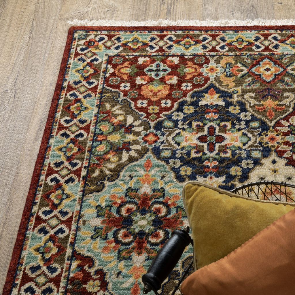 5' X 8' Red Rust Navy Light Blue Brown Orange Ivory And Gold Oriental Power Loom Stain Resistant Area Rug With Fringe