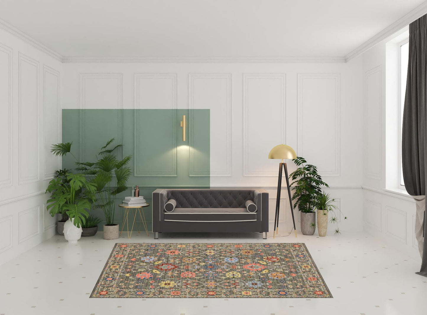 6' X 9' Grey Salmon Pink Gold Blue Rust Deep Blue Ivory And Green Oriental Power Loom Stain Resistant Area Rug With Fringe