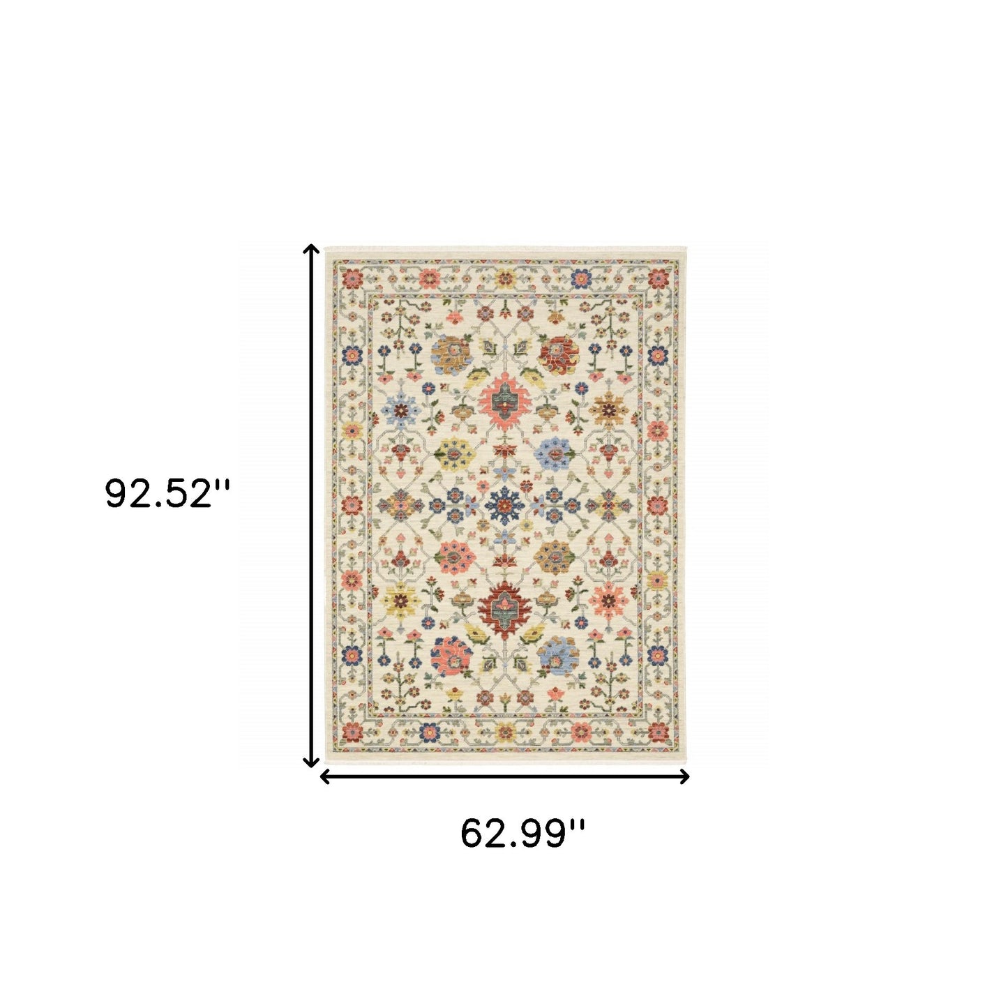 5' X 8' Ivory Salmon Pink Gold Blues Grey Rust And Green Oriental Power Loom Stain Resistant Area Rug With Fringe