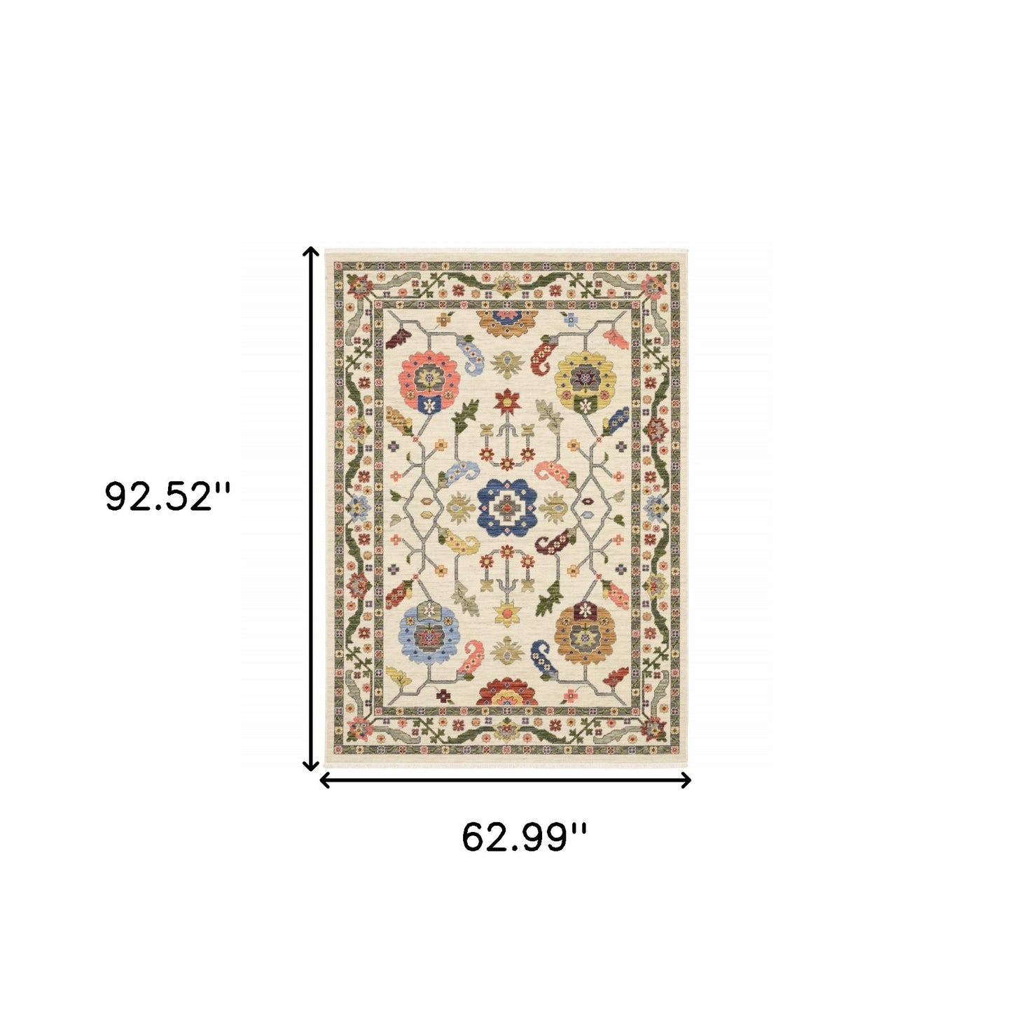 5' X 8' Ivory Green Blues Pink Yellow Rust Brown Tan And Grey Oriental Power Loom Stain Resistant Area Rug With Fringe