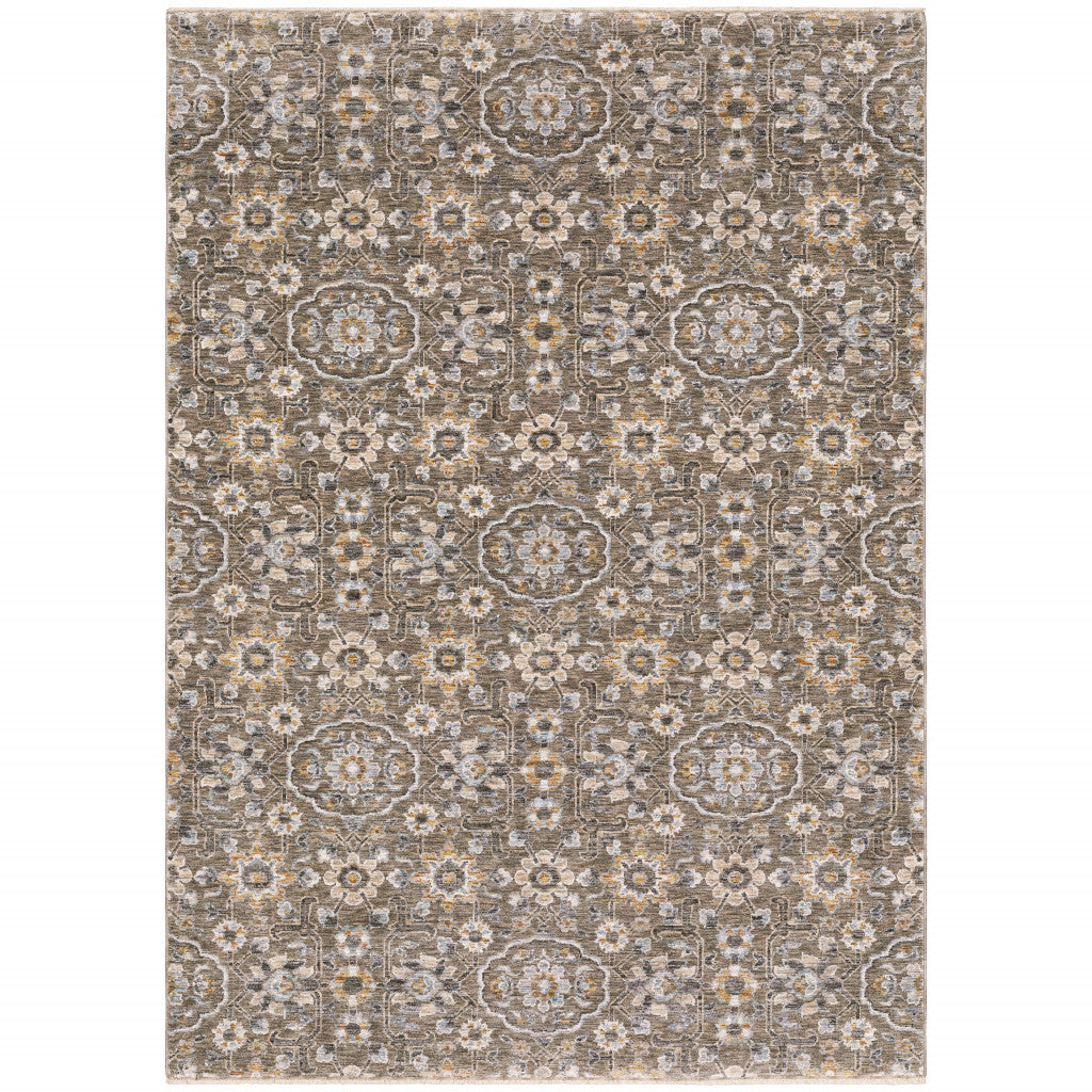 6' X 9' Grey And Tan Floral Power Loom Stain Resistant Area Rug With Fringe