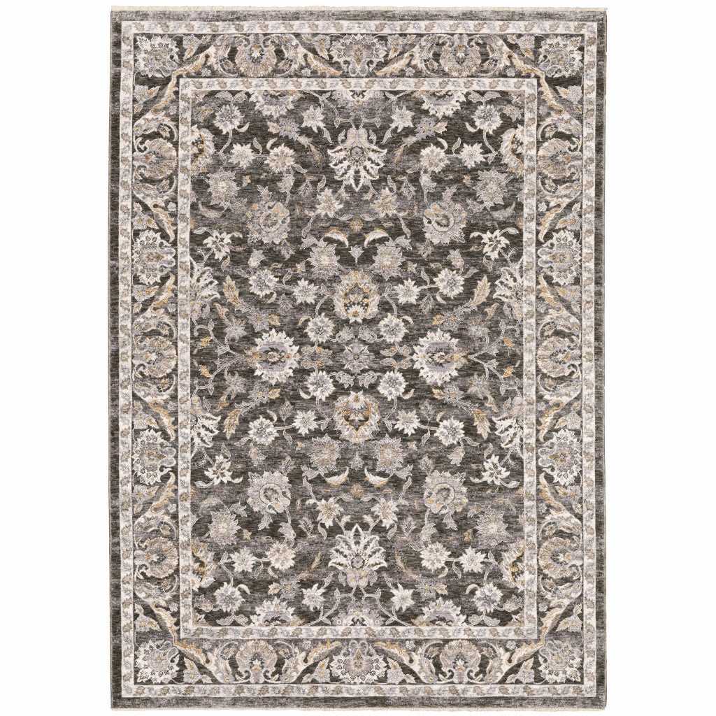5' X 8' Grey And Ivory Oriental Power Loom Stain Resistant Area Rug With Fringe