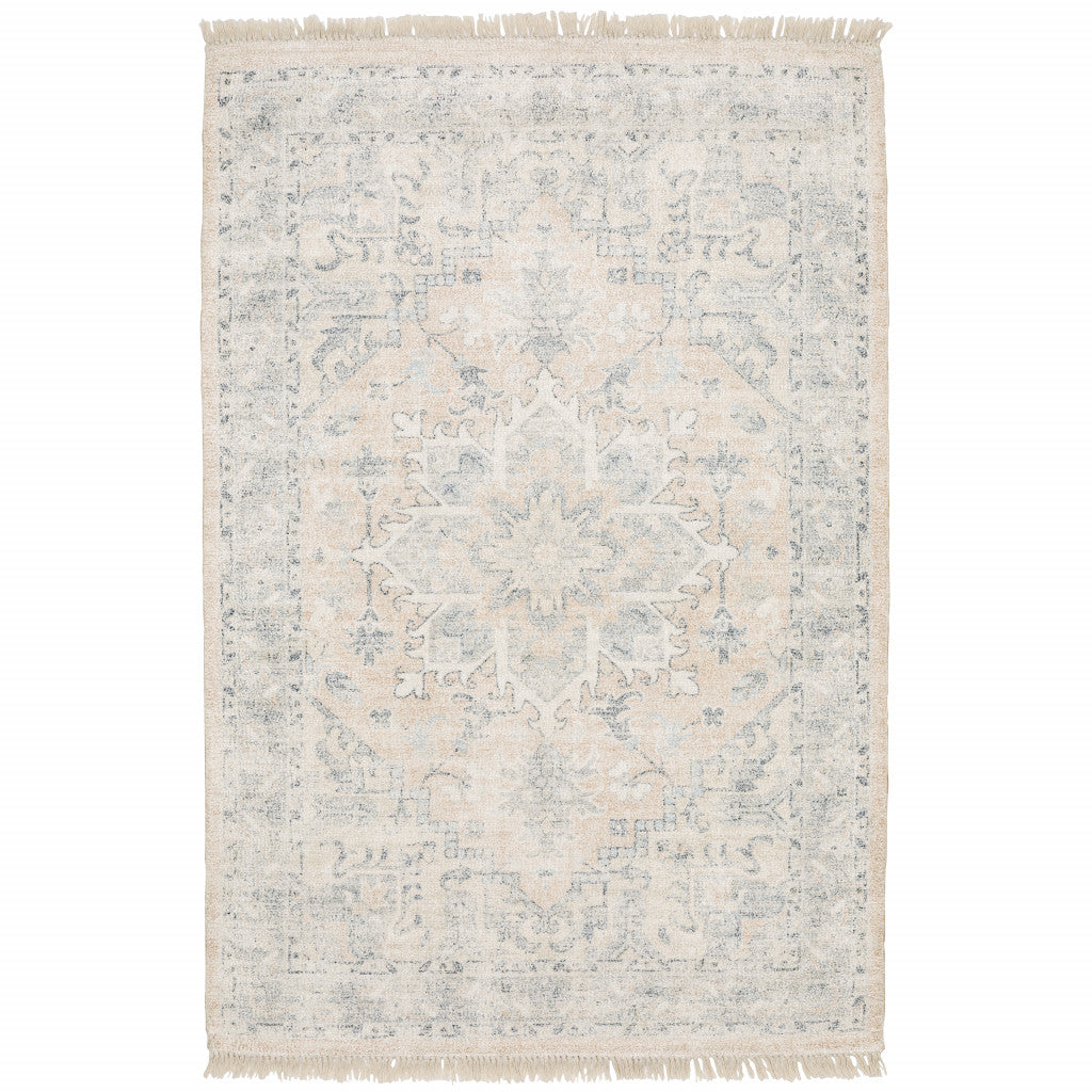 10' X 13' Beige And Grey Oriental Hand Loomed Stain Resistant Area Rug With Fringe