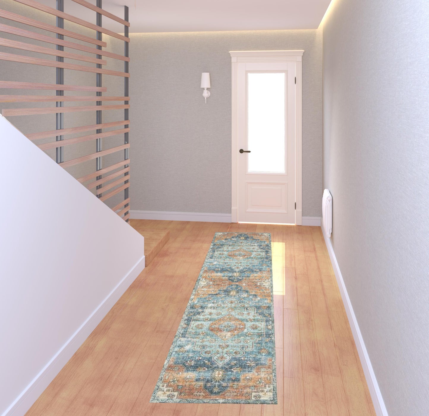 2' X 8' Orange Blue Teal Green And Beige Oriental Power Loom Stain Resistant Runner Rug