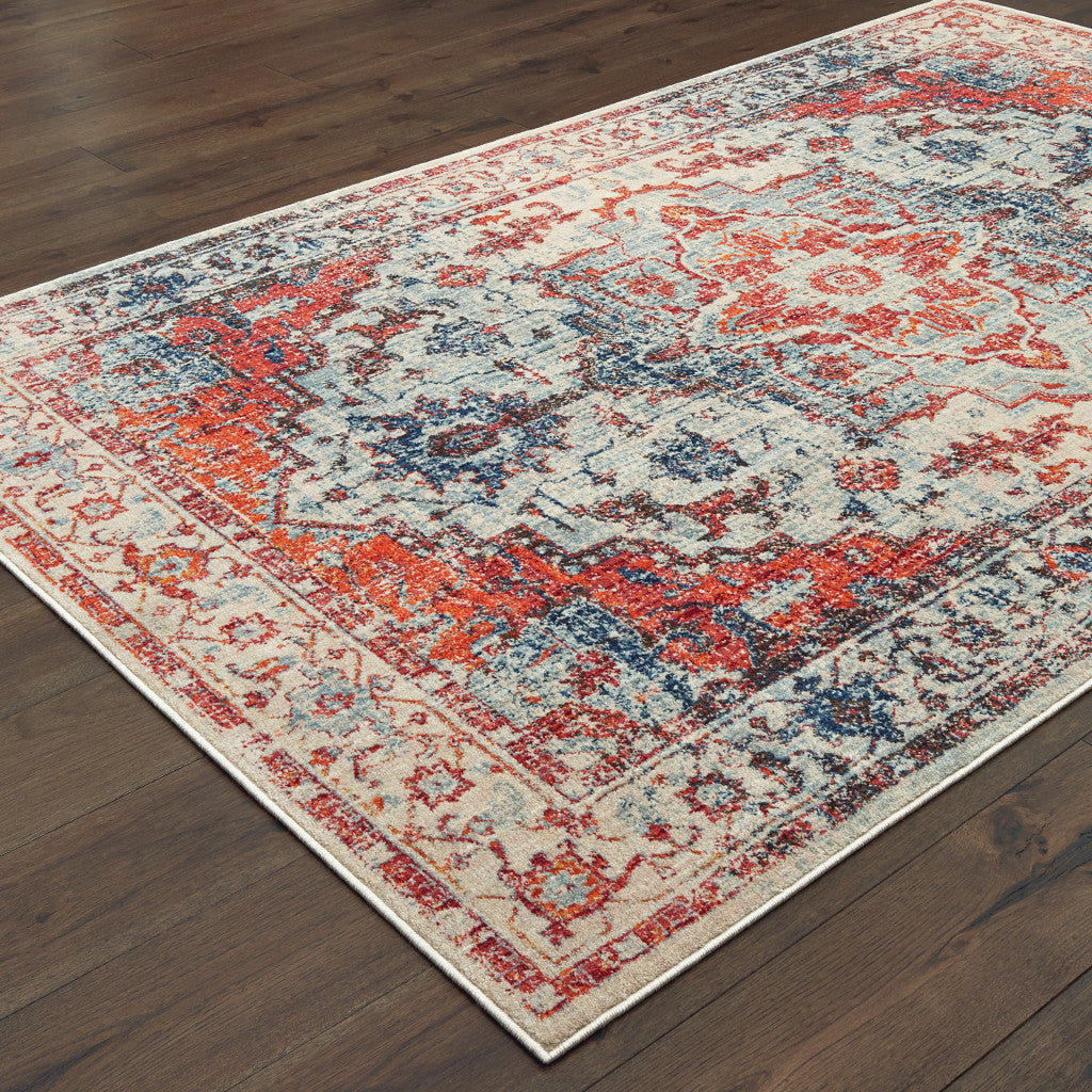 10' X 13' Blue And Orange Oriental Power Loom Stain Resistant Area Rug