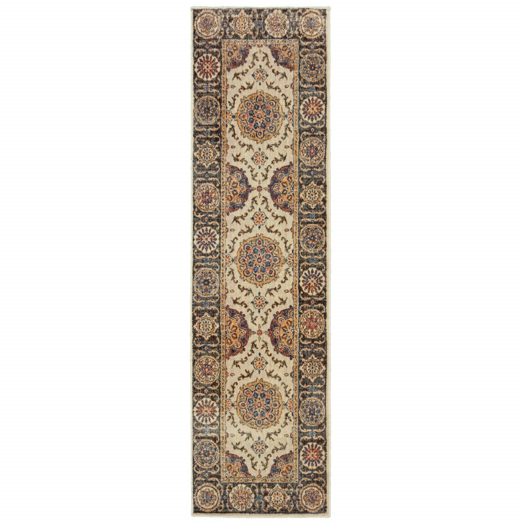 2' X 8' Ivory And Brown Oriental Power Loom Stain Resistant Runner Rug